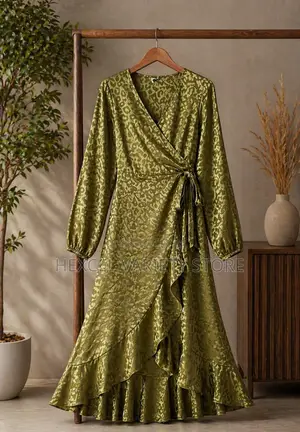 Elegant Olive Green Wrap Dress – Long Sleeve Ruffle Hem