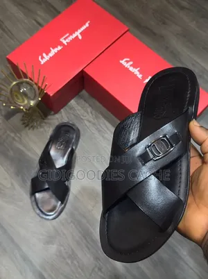 Black Leather Cross-Strap Slides With Buckle Detail in Size 40-46