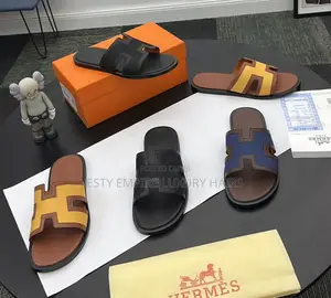 New Hermes Izmir Authentic Men Leather/Denim Slippers,
