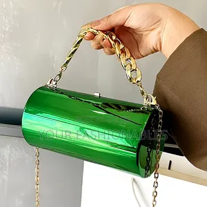 Compact Acrylic Barrel Clutch Bag With Gold Chain Handle