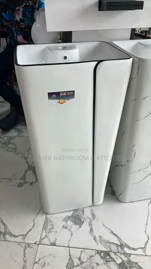 Premium Free-Standing Pedestal Wash Basin – Modern White Black Line.