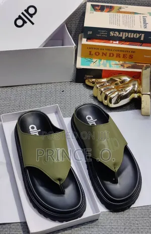 Gray, Black and Green Leather Slippers