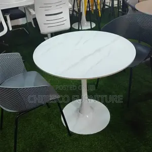 Round Marble Restaurant Bar Dinning Table With 2 Plastic Chairs