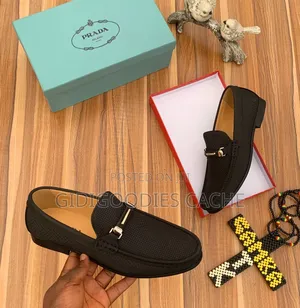 Prada Milano Black Textured Loafers With Gold Buckle Detail