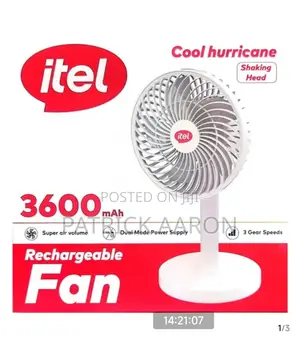 Itel Rechargeable Shaking Head Fan. 3600 Mah