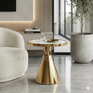Luxury Gold Pedestal Side Table - Round Marble Top Table