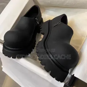 Black Chunky Platform Leather Loafers With Side Zip