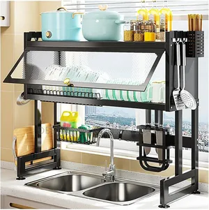 Multifunctional Over-the-Sink Dish Rack With a Flip-Up Cover