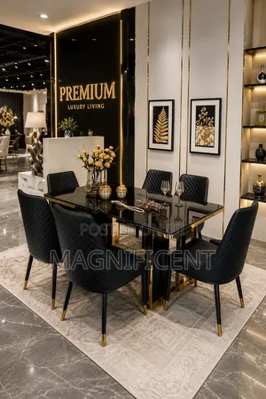 Premium 6-Seater Luxury Dining Table Set Black Gold Modern Marble Des