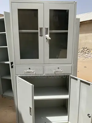 Steel Glass Door Cabinet With Drawers and Double Lower Storage