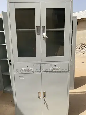 Steel Glass Door Cabinet With Drawers and Double Lower Storage