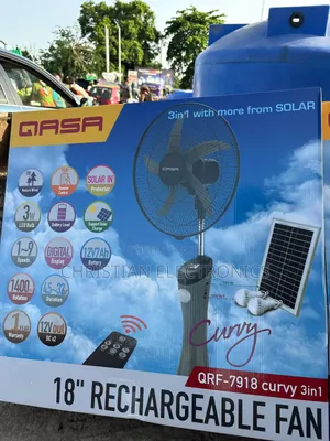 Qasa 18" Curvy Rechargeable Fan With Solar Panel and 2bulbs