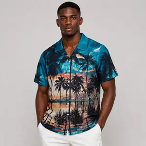 Tropical Palm Tree Sunset Short Sleeve Button-Up Shirt