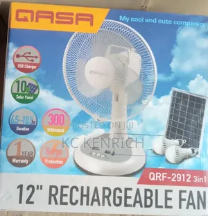 Qasa Rechargeable Table Fan, Solar and 2 Bulb 12inch