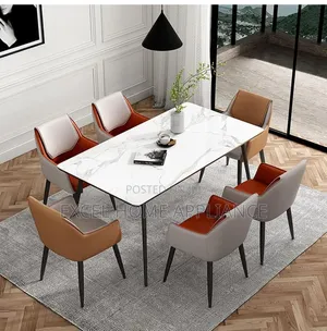 Modern Marble-Top Dining Table Set With Upholstered Accent Chairs