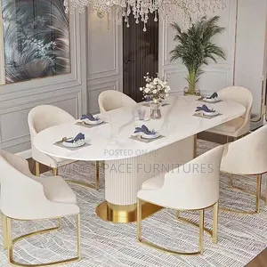 Newly Modern Marble Dining Table With 6 Solid Leather Chairs
