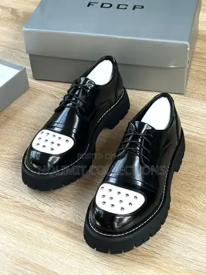 Black Patent Leather Platform Derby Shoes With White Studded Toe Cap