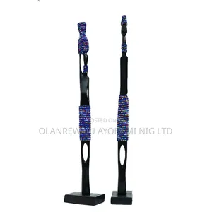 African Wooden Couple Figurines Set With Blue Beads