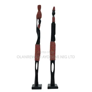 African Wooden Couple Figurines Set With Red Beads