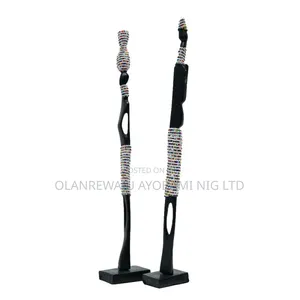 African Wooden Couple Figurines Set With White Beads