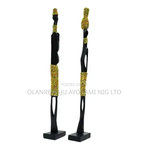 African Wooden Couple Figurines Set With Yellow Beads