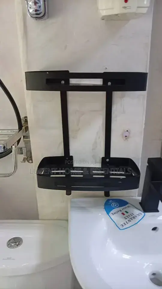 2-Layer Black Wall-Mounted Bathroom Rack / Organizer