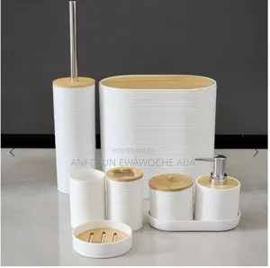 8-piece Luxury Bamboo Plastic Bathroom Accessories Set Trash Can,