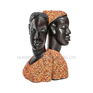 Wooden Man Woman Bookends With Orange Beaded
