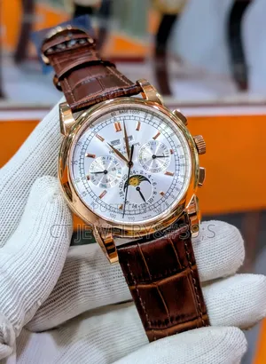 Luxury Rose Gold Chronograph Wristwatch Moonphase Calendar, Leather