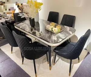 Luxury Black Marble Top Dining Set With Quilted Chairs
