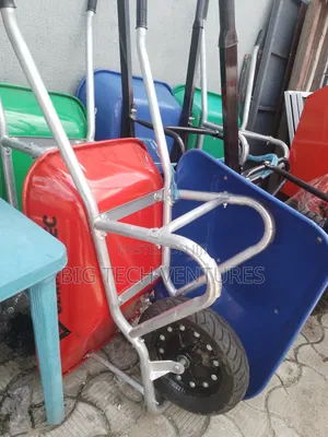 Colorful Metal Wheelbarrows for Construction and Gardening.