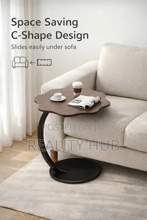 Curved Table With Wooden Top 40cm Compact End Table Metal Base Sofa