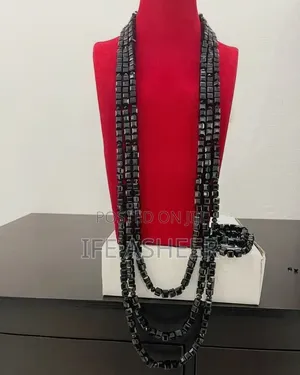 Men's Elegant Long 3 Neck Layers Block Beads 4 Bracelets - Black
