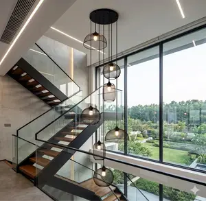Modern 7-Drop Industrial Void/Staircase Chandelier–Luxury Mesh Pendant