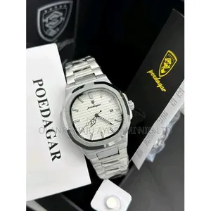 Poedagar Super Duper Silver Chain White Face Mens Wristwatch