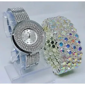 Ladies Silver Wristwatch + Rhinestone Wrap Bracelet