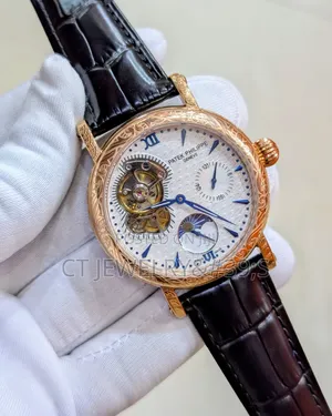 Patek Mechanical Wristwatch Rosegold Engraved Case, Leather Strap