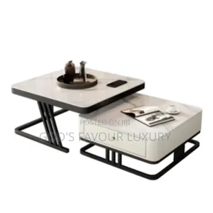 2-Tier Marble Top Coffee Table Set With Drawer Metal Frame - White