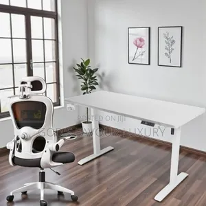A Set of Electric Adjustable Table Egornomic Chair - White