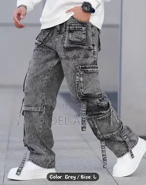 Men's Gray-black Fashion Multi-pocket Cargo Denim Pants
