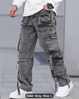 Men's Gray-black Fashion Multi-pocket Cargo Denim Pants