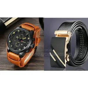 Curren Men Accessories Set of Leather Wristwatch and Black Belt
