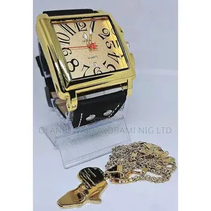 Men Black Leather Wristwatch + Non Tarnish Gold Necklace