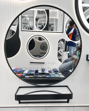 Round Black Frame Mirror With Shelf