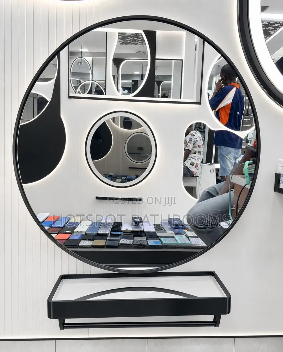 Round Black Frame Mirror With Shelf
