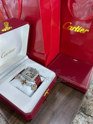 Elegant Cartier Set Crystal Bezel Watch + Bracelet, Perfect Gift Set