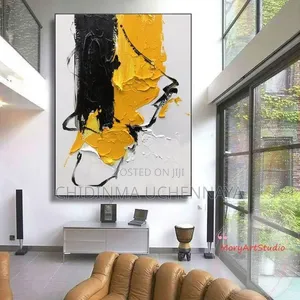 Black Yellow Knife Thick Abstract Canvas Artwork