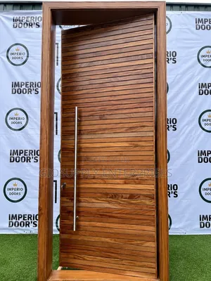 Pivot Door With Horizontal Wood Planks A Long Stainless Steel Handle