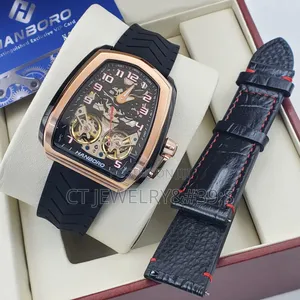 Luxury Hanboro Watch Rose Gold Tonneau Case, Dual Strap, Skeleton Dial