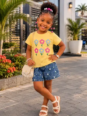 Yellow Short-Sleeved T-Shirt With Jeans Shorts Set for Girls